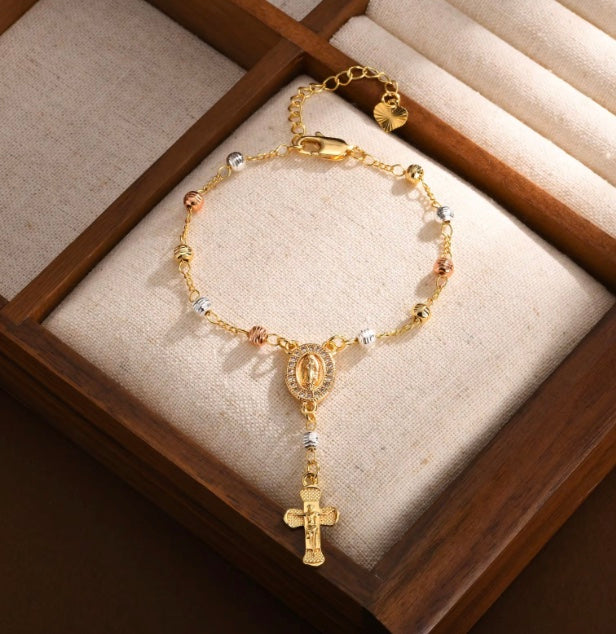 18ct Gold Filled Rosary Necklace Chain with Cross Pendant