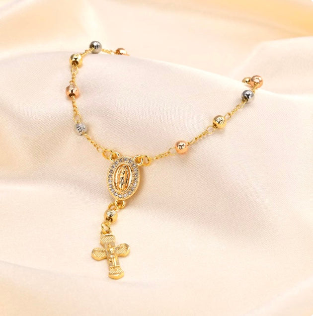 18ct Gold Filled Rosary Necklace Chain with Cross Pendant